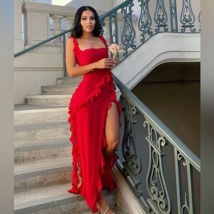 House of CB Ruffle Jellyfish Summer Maxi Dress XS - Red